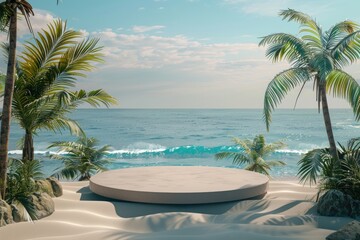 Fototapeta premium Tropical beach podium for product presentation 3D render.