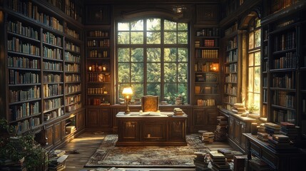 A cozy library with wooden shelves, sunlight, and a desk, ideal for reading or studying.