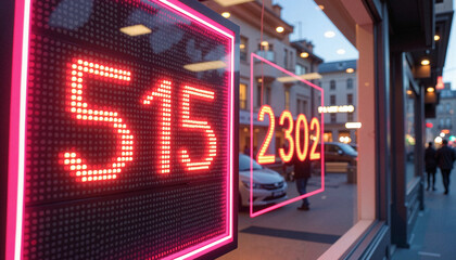Digital display numbers in vibrant neon lights at dusk