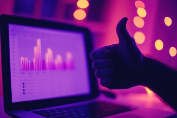 Person Giving Thumbs Up Gesture Over Laptop Screen Displaying Survey Analytics in Cozy Home Office Setting with Ambient Evening Lighting