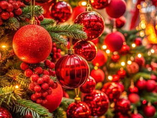 Festive Red Christmas Decorations, Sparkling Lights, Elegant Design