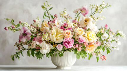 Pastel cottagecore flowers arranged whimsically against a clean white background 