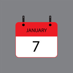 Calendar icon with January 7 date on grey background. Vector schedule symbol.