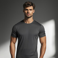 Dark Gray Mens Short Sleeve TShirt Studio Shot Fashion Model