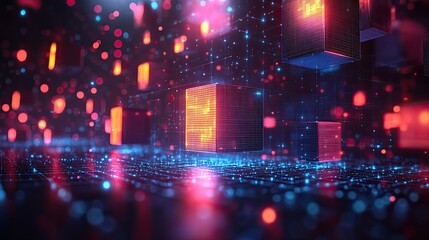 Obraz premium 3D graphic cubes form a wallpaper with blockchain shapes and creative colors. This abstract digital illustration features a blue grid and modern geometric mosaic forms, representing data innovation