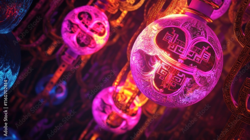 Poster glowing orbs with intricate carvings hang in a dark space.