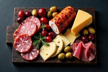 A delightful assortment of cured meats, cheeses, and olives artfully arranged on a rustic wooden board, perfect for a sophisticated gathering