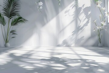 White studio background with window shadows and foliage. Summer concert vibe.