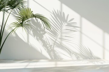 Palm leaf shadows on white wall and cream pastel floor.