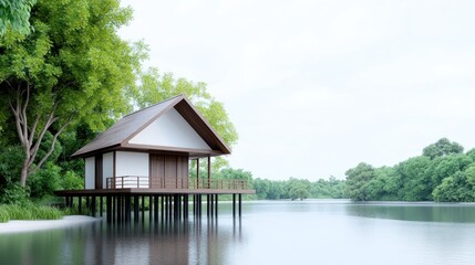 Obraz premium Serene lakeside house on stilts surrounded by lush greenery.