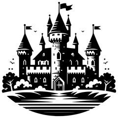 Obraz premium Medieval Castle with Red Roof and Flag