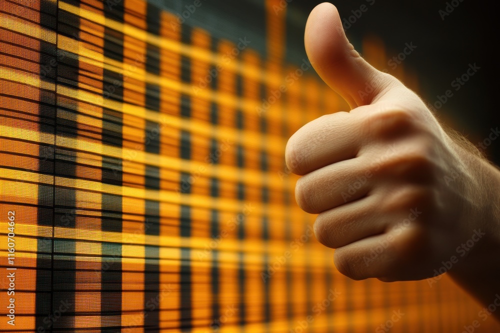 Poster professional office setting with dynamic lighting showcasing thumbs up gesture in front of survey re