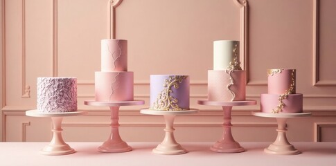 Elegant pastel cakes on pink stands, a delightful display of delicate frosting designs and ornate gold accents, showcasing a variety of cake heights and decorative styles.