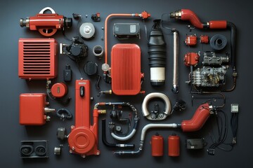 Fototapeta premium Various mechanical parts and components displayed in an organized layout on a dark background
