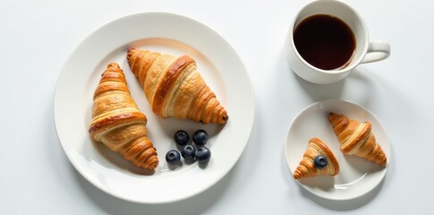 A delightful breakfast arrangement featuring golden-brown croissants and plump blueberries, accompanied by a steaming cup of coffee, perfect for a quiet morning