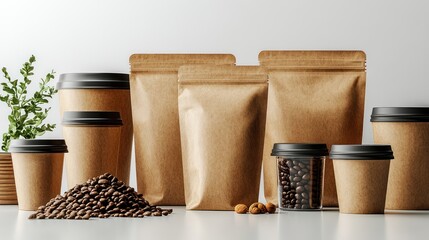 Craft coffee packaging mockup with cups, beans, and plant.