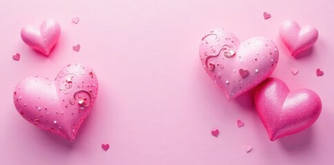 Obraz premium Pink hearts scattered on a pink background, a romantic and festive scene perfect for Valentine's Day celebrations or romantic themed designs.