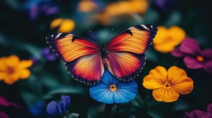 Vibrant butterfly perched on colorful flowers in garden.