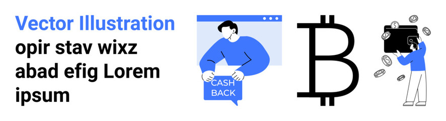 Man holding cashback sign inside browser window, large Bitcoin symbol, person collecting coins and wallet. Ideal for financial services, cryptocurrency exchanges, e-commerce, fintech startups