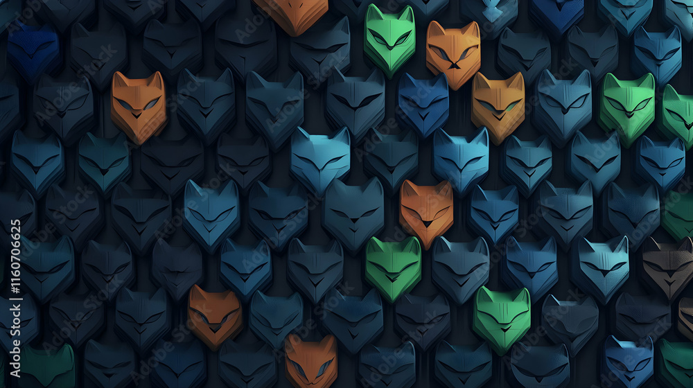 Poster abstract cat face mosaic, a colorful, textured wall of geometric felines seamlessly arranged in a re
