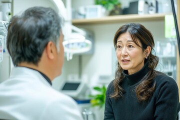 Obraz premium Doctor Consultation as a Woman Discusses Her Health Concerns in a Modern Clinic Setting