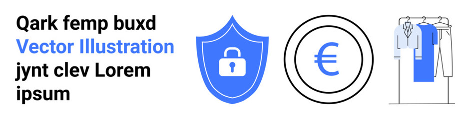 Lock on shield, Euro sign in circle, clothes on rack. Ideal for finance, security, e-commerce, digital protection, personal safety banking and online retail. Landing page