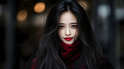 Fototapeta premium Woman with Long Black Hair, Red Scarf, and Red Lips, Posing Confidently Outdoors in Winter. Beautiful Model Showing Elegance and Style.