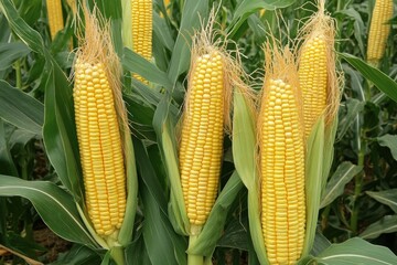 Ripening corn cobs in a lush green field during late summer harvest season