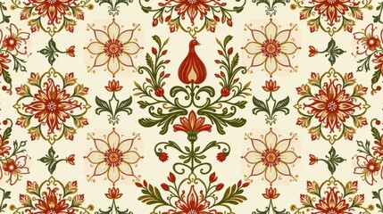 Obraz premium Ornate Floral and Avian Textile Design Featuring Intricate Motifs and Symmetrical Patterns