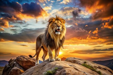 Golden sunset, lion's roar echoes, majestic wildlife.
