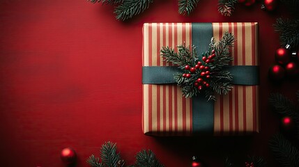 a beautifully wrapped christmas gift with a green ribbon and striped paper on a vibrant red background symbolizing festive joy and the holiday spirit