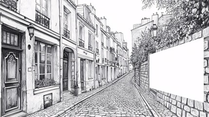 Obraz premium pencil sketch of an old city street lined with vintage buildings, capturing intricate details of windows, doors, and cobblestone pathways. Blank space on the right for text. [Background]:[Pencil 