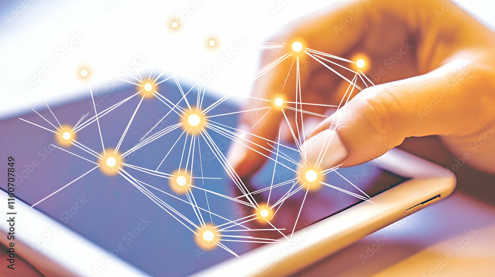 Poster digital connections, a hand interacts with a network on a tablet, illuminating global interconnectiv