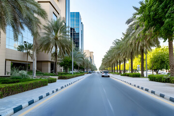 Obraz premium Modern City Street with Palm Trees and Skyscrapers, Cars Drive Smoothly on Asphalt Road under Sunny Sky