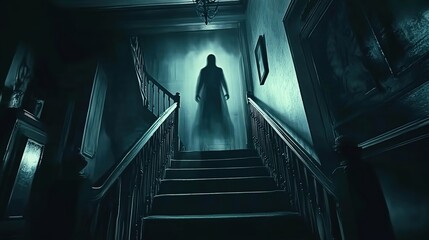 Obraz premium A shadowy figure floating in the air at night, in an old house's hallway, with visible outlines of its form on the walls and staircase.