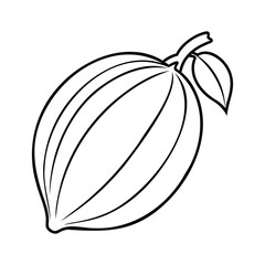 Black and white outline of a cocoa fruit with a leaf