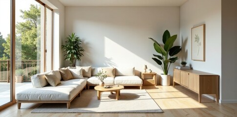 Serene living room interior design with a light beige sectional sofa, wooden coffee table, and large windows offering a view of lush greenery
