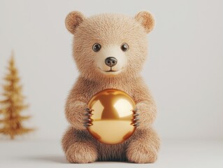 Cute 3D Render of a Bear Cub Holding a Shiny Gold Sphere in a Minimalist Setting with a Soft Background and Christmas Tree Decoration