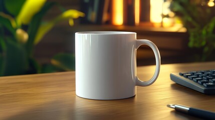 White mug on a desk with plants and office tools. Generative AI