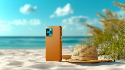 Phone case mockup on a beach setting. Generative AI