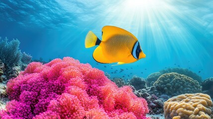 Obraz premium Vibrant yellow fish swimming over colorful coral reef in sunlit ocean.