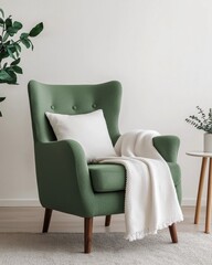 Cozy Armchair with Plush Texture and Soft Throw Blanket in a Minimalist Living Space, Perfect for Relaxation and Comfort