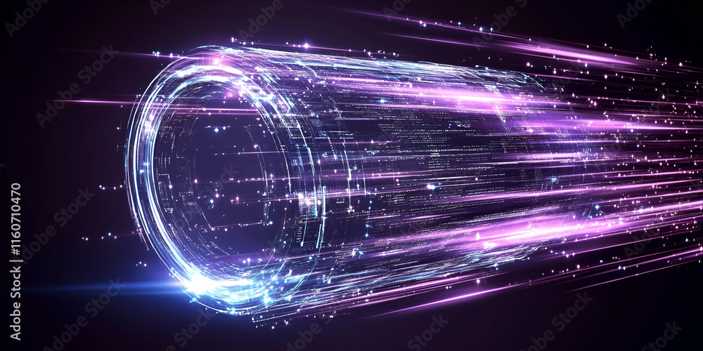 Poster digital data stream, a cylinder of light and information flows rapidly through cyberspace.