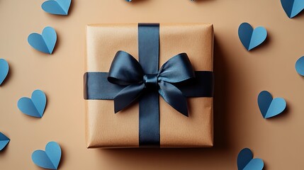 a beautifully wrapped father s day gift with a blue bow surrounded by blue paper hearts on a soft beige background showing love and appreciation