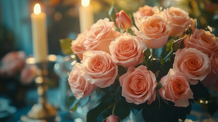 Obraz premium Beautiful arrangement of pink roses with candles creating a warm ambiance for a special occasion