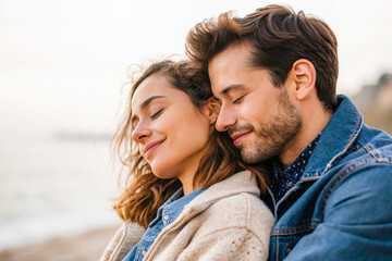 Fototapeta premium a man and woman embracing on the beach