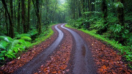 Fototapeta premium Winding road through lush rainforest, wet leaves on the ground.