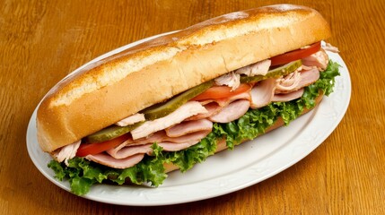 Fresh and Delicious Submarine Sandwich Loaded with Sliced Turkey, Ham, Lettuce, Tomato, Green Peppers, and Toasted Bread on a White Plate Over a Wooden Table