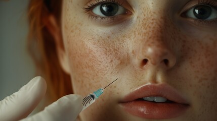 A woman's face with a doctor is performing a procedure using a needle and syringe.