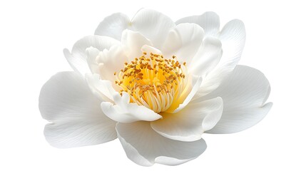 Fototapeta premium white camellia flower with soft petals and a yellow center, set against a white background